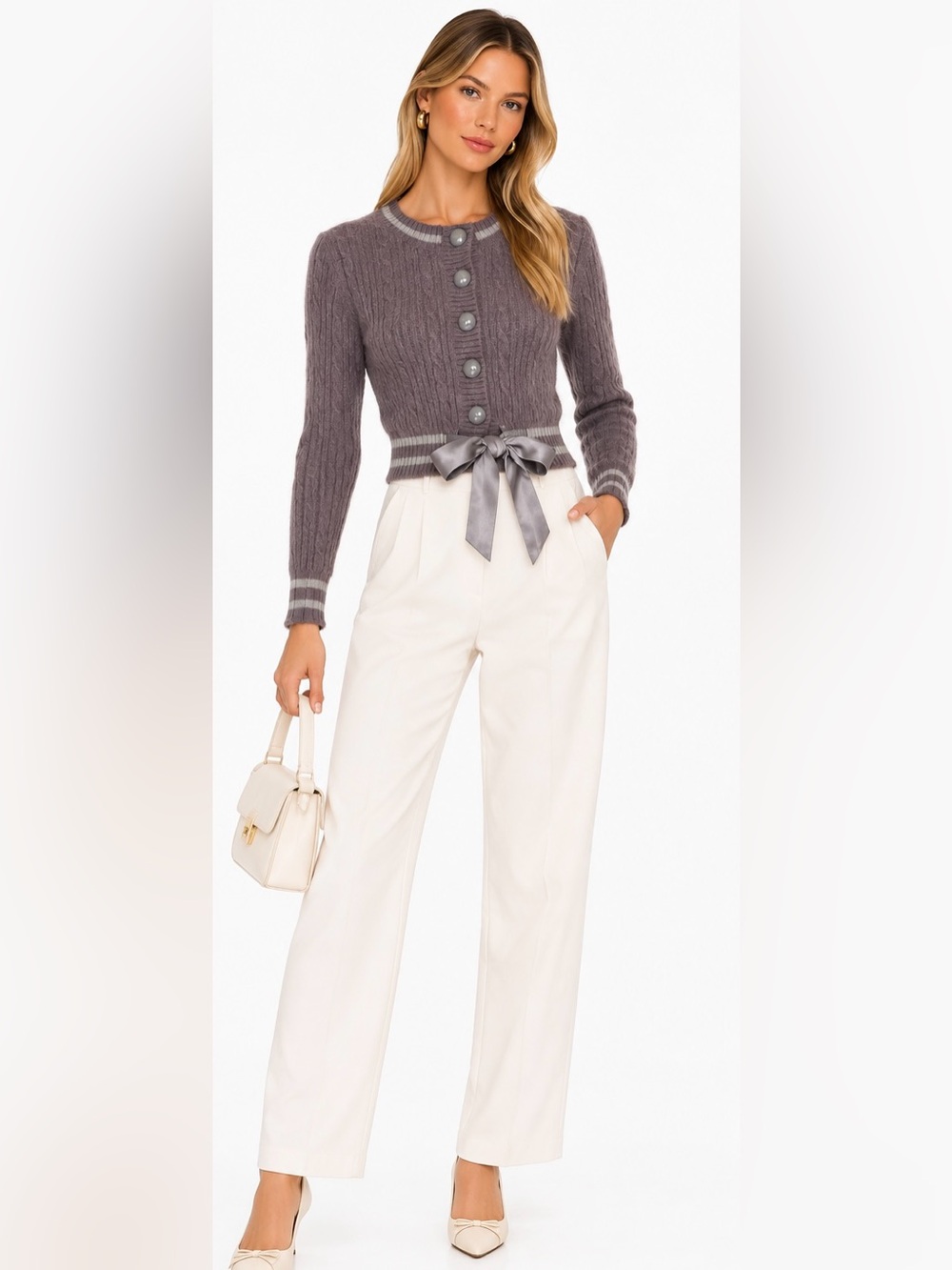 rk Cashmere Angora Cable Knit Cardigan Gray Purple Satin Bow Preppy Cropped